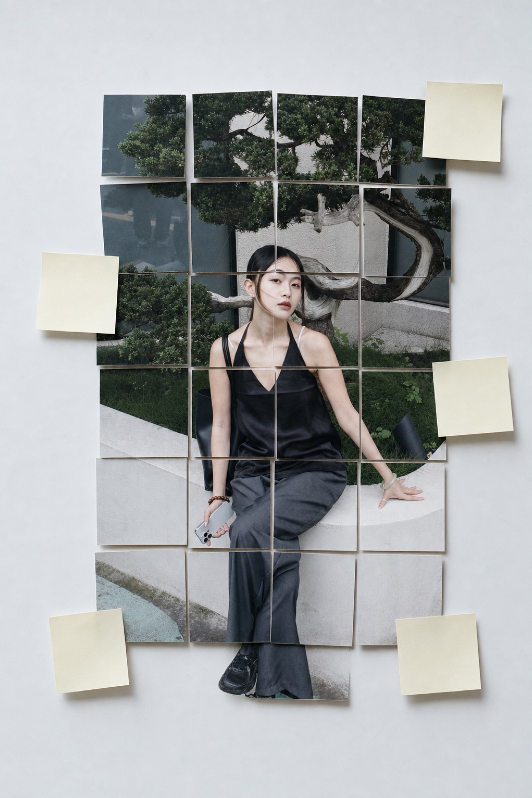 Alice seated beneath a tree, printed across a grid of paper fragments