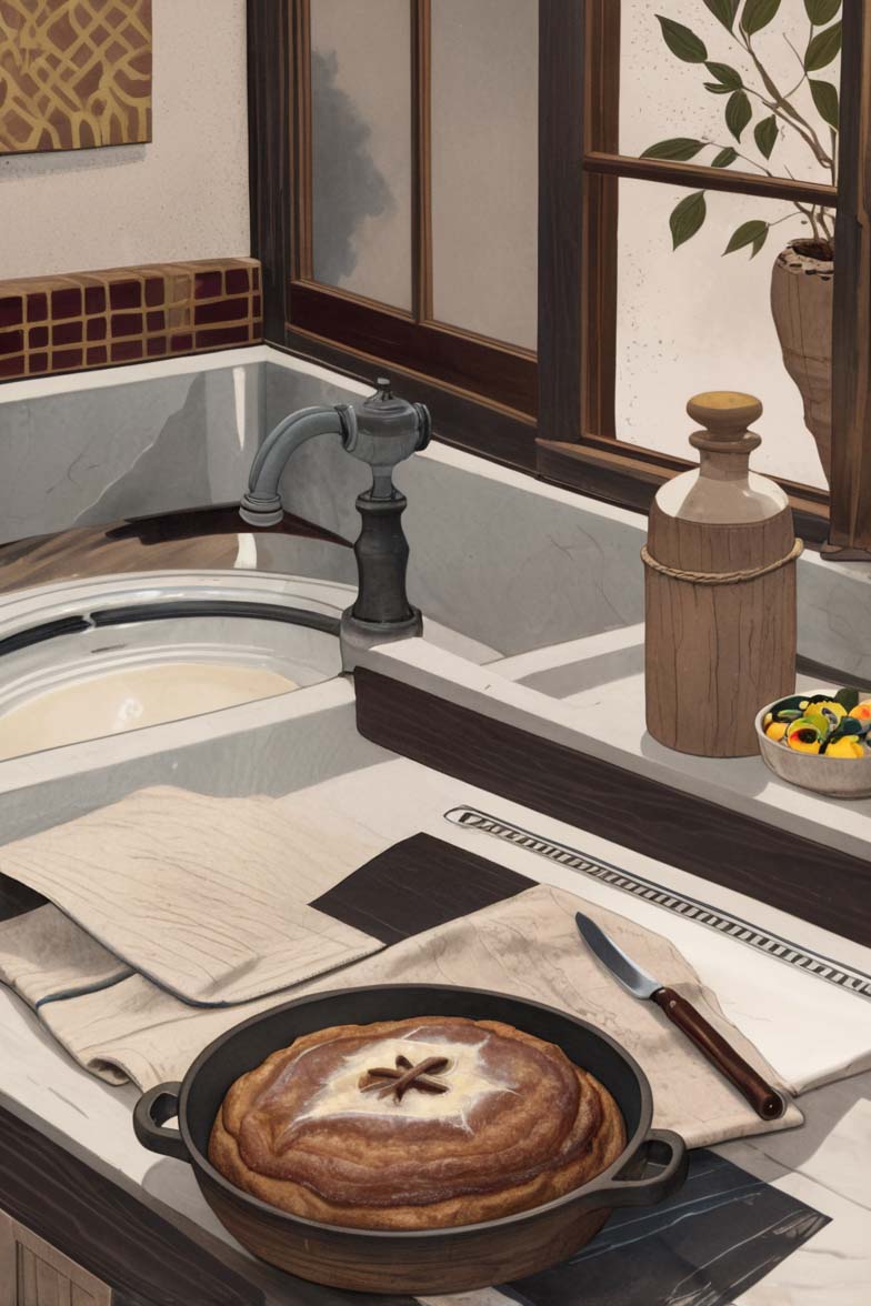 Illustration of a bath and objects in a space
