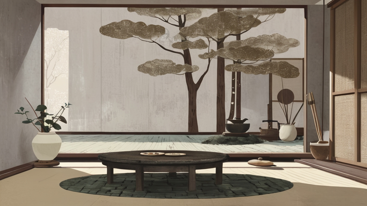 Illustration of a tree's shadow over a tea table