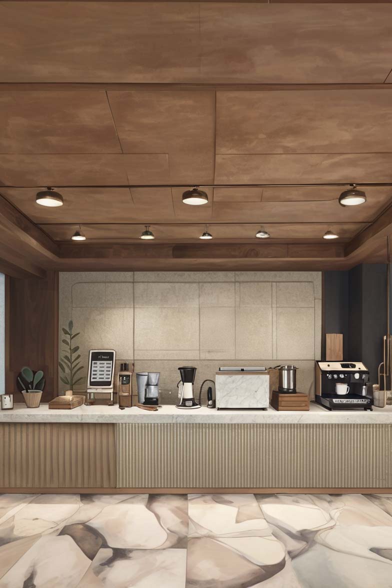 Illustration of a wooden coffee bar space