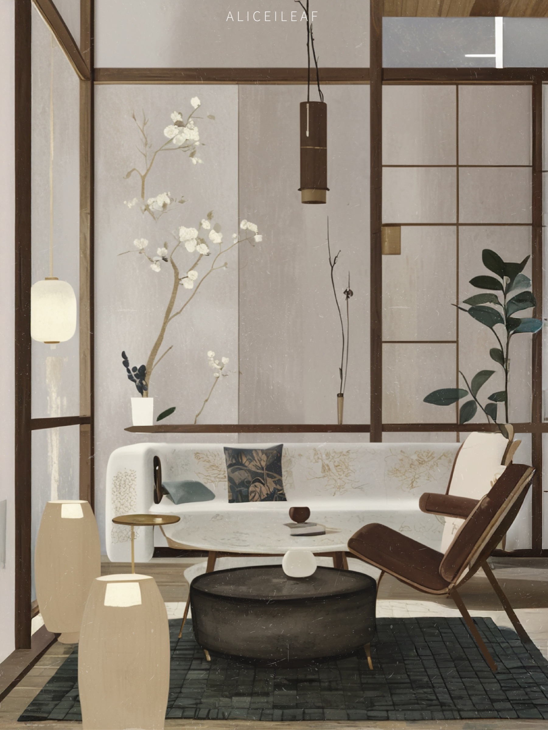 Illustration of a flower vessel in a tatami room
