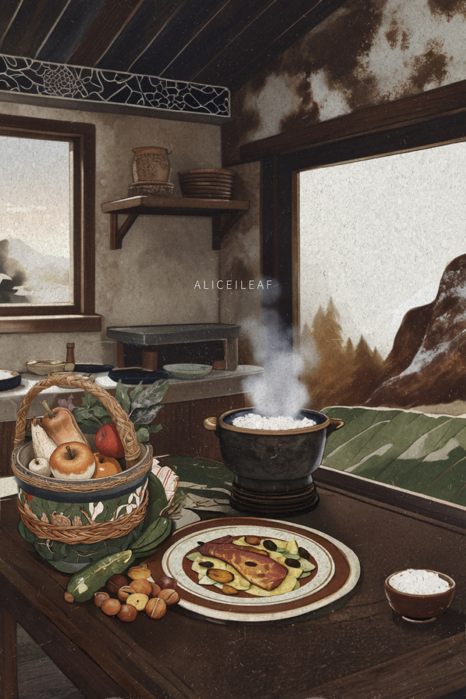 Illustration of an autumn table with rising steam