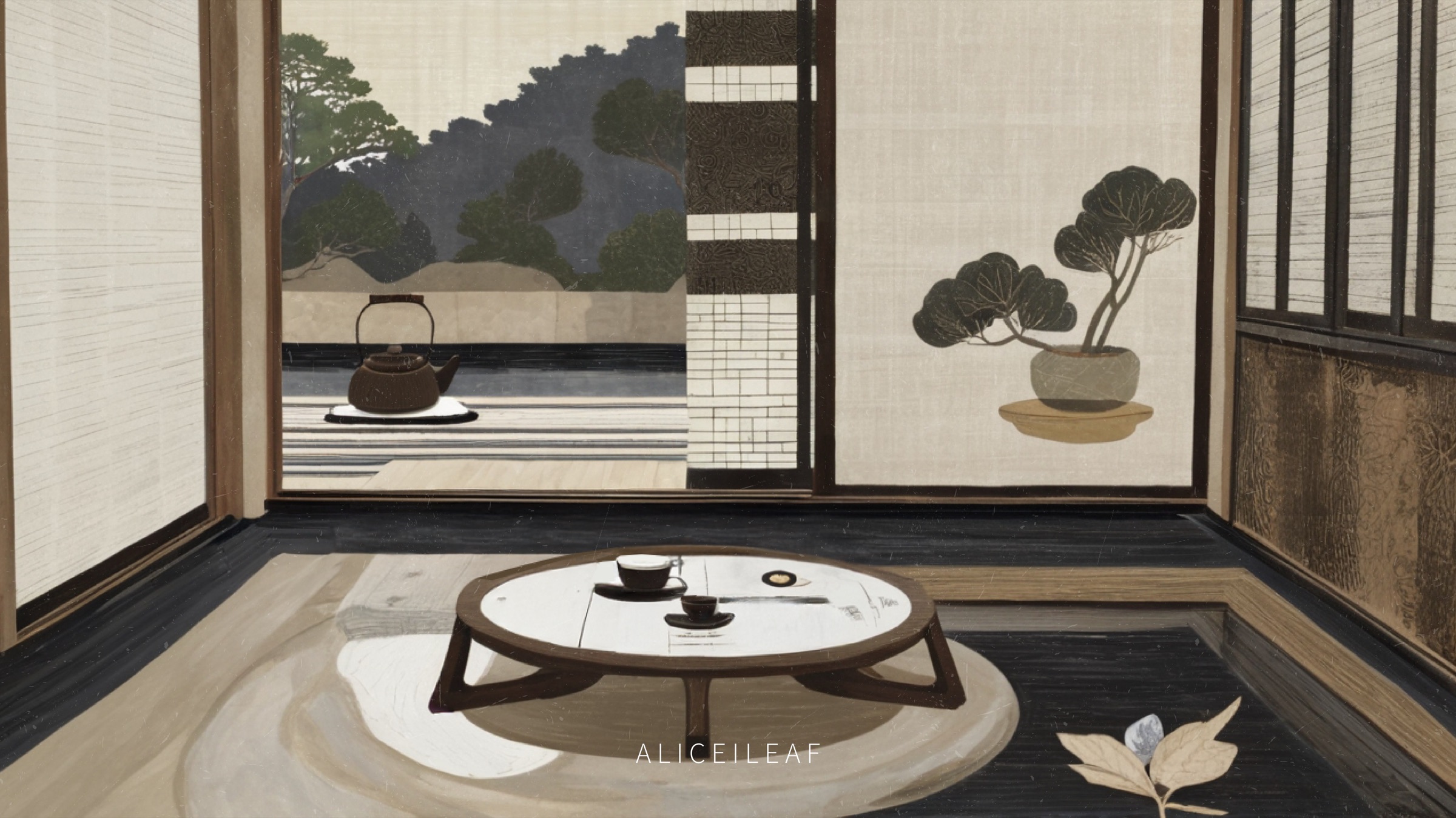 Illustration of a tatami tea room with a mountain view