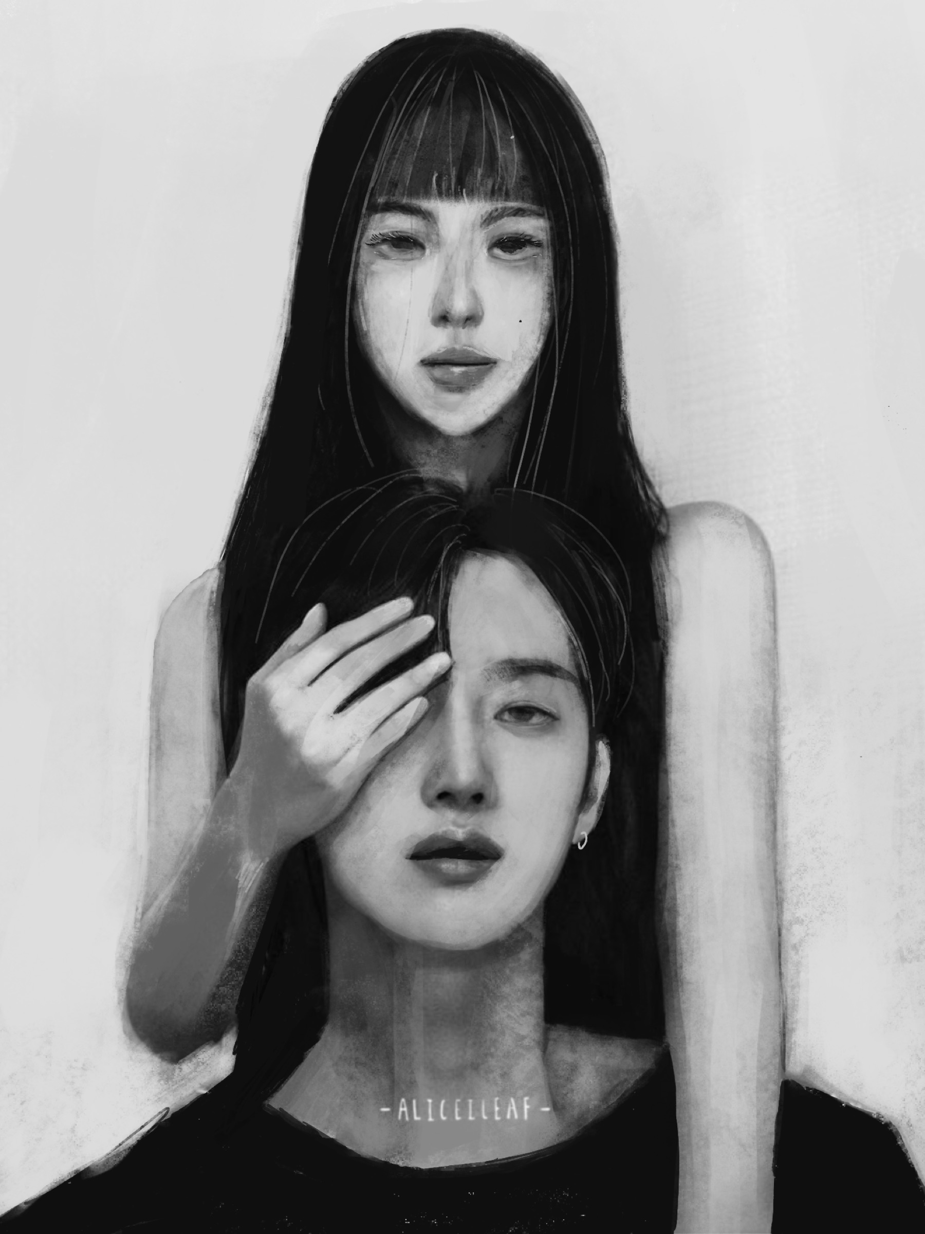 Black-and-white illustration of overlapping figures