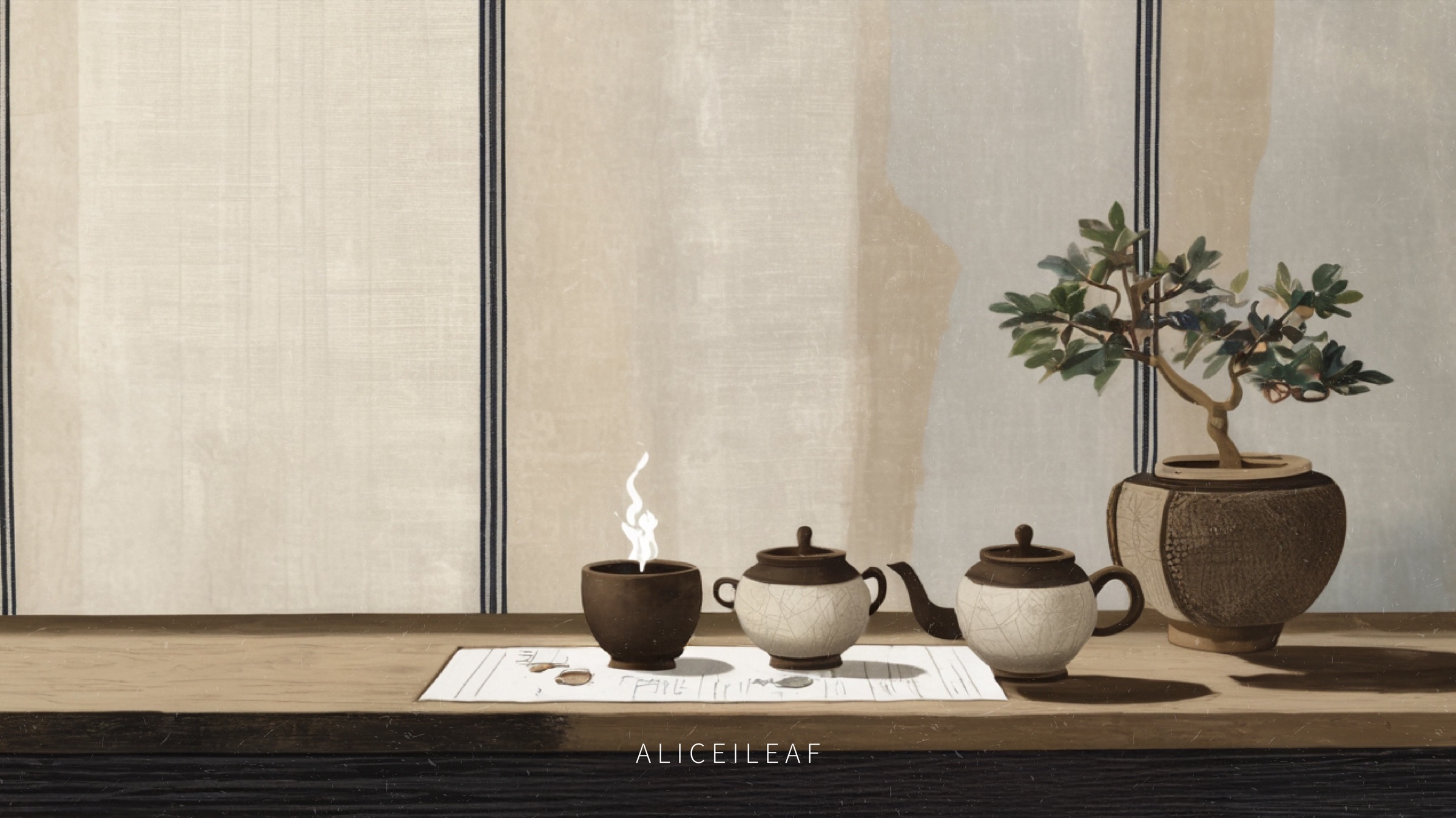 Alice I Leaf illustration of teaware and plants on a table